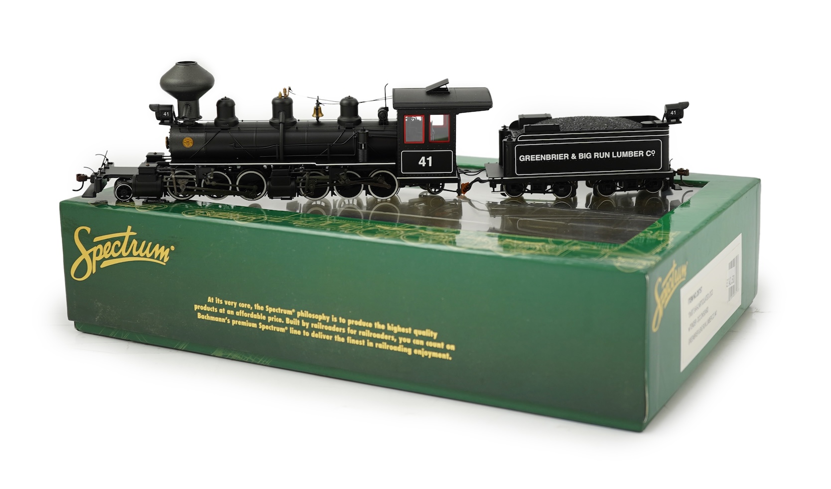 A boxed narrow gauge (On30) Spectrum by Bachmann (28757) model of Greenbrier & Big Run Lumber Co., 41, 2-6-6-2 articulated tender locomotive, powered for two rail operation.